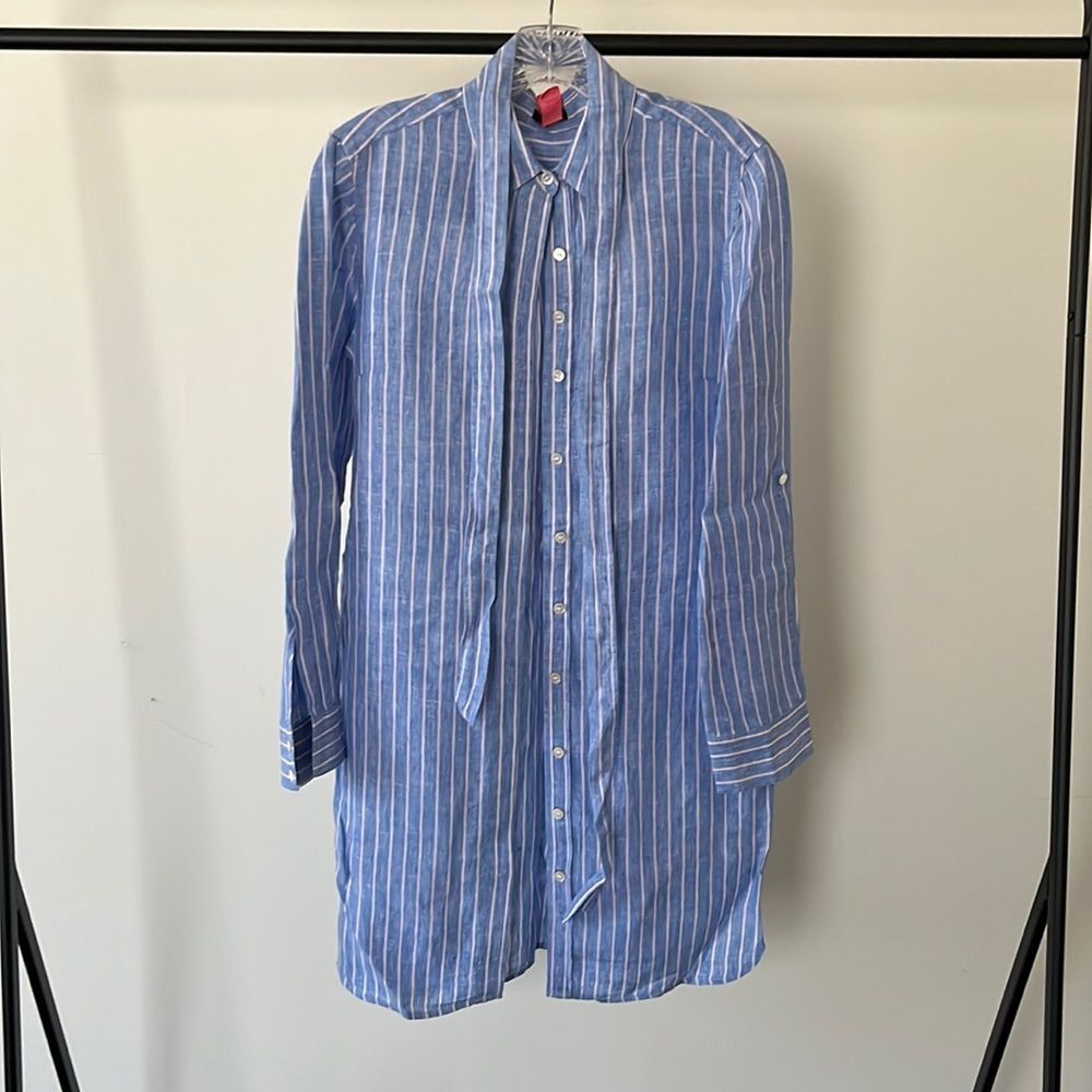 Pink & Blue Seersucker Linen Dress w/ Tie